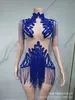 Body Sexy de Tela Transparente Azul com Strass Strass Cantor Dançarino Performance Palco Roupa Celebração Festa Boate