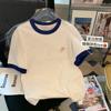 Playera de Algodón Puro Cuello Redondo Color Contrastante Manga Corta para Mujer 2024 Verano Nueva Holgada Largo Medio Top con Estampado de Letras
