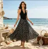 Comércio Exterior Transfronteiriço Atacado de Roupas Femininas Moda Garota Popular Vestido de Chiffon com Poá Patchwork Decote Halter Estilo de Férias Vestido Longo
