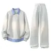 Nuevo Conjunto de Hombre Primavera 2026: Conjunto de dos piezas: Camisa polo de retazos a rayas y pantalones casuales rectos holgados