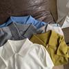 Estilo Garota Popular Retrô Americano Cor Lisa Gola Polo Ombro Caído Tricô Manga Curta Cardigan Camiseta para Mulheres