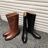 Botas de montar de tubo recto de cuero de vaca de primera capa, lavables completamente por dentro y por fuera, con tacón bajo, suela plana, tipo slip-on, botas largas para mujer