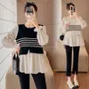2025 Novo Top Listrado Solto de Primavera para Gestantes Design de Costura Senso de Design Camisa Falsa de Duas Peças Camisa Boneca para Mulheres Grávidas