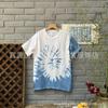 Liquidação! Camiseta Tie-Dye Azul e Branco Gola Redonda Manga Curta para Homens e Mulheres, Camiseta de Casal, Camiseta de Algodão Estilo Chinês Soltinha