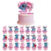 Decoración de Bandera para Pastel de Stitch Accesorios Suministros Rosa Lilo y Stitch Bandera para Pastel de Cumpleaños Decoración de Fiesta