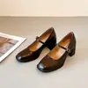 Versão em Couro~Sapatos Mary Jane de Salto Grosso Estilo Francês com Fivela Única, Boca Rasa, Bico Quadrado, Versáteis para o Trabalho, Sapatos Pequenos de Couro