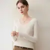 Suéter de Cachemira para Mujer Una Pieza Sin Costuras Cuello en V Canalé Ajustado Capa Base 2026 Invierno Nuevo Color Sólido Tejido Cálido