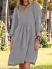 Vestido de algodão e linho com manga de sete quartos e gola V de cor sólida, estilo europeu e americano, para outono de 2022, moda feminina transfronteiriça