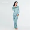 Pijama de Seda de Peso Pesado para Mujer Traje de Pantalón de Manga Larga 100% Seda de Morera Puntada de Encaje Francés Cintura Mueble para el Hogar