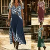 Desejo Amazon Cross-border Tamanho Plus Size Estilo Exótico Manga Curta Vestido Longo Feminino Solto Decote V Estampa Étnica Vestido com Fenda