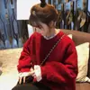 Sudadera Roja de Estilo Coreano Falsa de Dos Piezas con Encaje Empalmado para Mujer en Otoño e Invierno Nuevo Diseño Top Versátil de Cachemir que Reduce la Edad