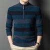 Suéter 100% Lã Pura Masculino Outono Moda Meia-idade Gola Alta Zíper Tricô Jacquard Lã Suéter Espesso