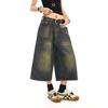 Shorts Jeans Cropped de Perna Larga Desgastados para Mulheres, Verão Novo Estilo Americano Cintura Alta Soltos Emagrecedores Versáteis Calças Retas de Comprimento Médio