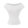 Camiseta básica lisa para mujer, color sólido, estilo básico, cuello barco, elegante, entallada en la cintura, adelgazante, sexy de manga corta, corte ajustado de algodón