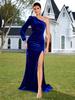 Nuevo Vestido de Banquete Largo de Alta Gama con un Hombro, Mangas Largas, Abertura en la Cintura, Lujo Ligero, para Celebridades, Anfitrión de Fiesta Anual, Vestido de Noche