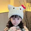 Gorro infantil para niñas, gorro de punto para otoño e invierno, lindo gorro de lana de gato con lazo rojo, gorro cálido de punto para bebé