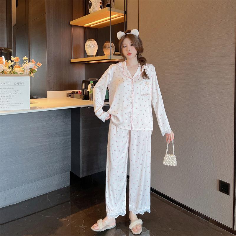 春秋睡衣女丝绸小碎花甜美韩版家居服长袖长裤薄款套装一件代发