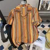 Camisa Retro de Estilo Étnico Calada Tejida con Cuello Cubano para Hombre, Camisa de Verano de Manga Corta con Diseño de Color Contrastante, Camisa Trendy de Manga Corta