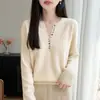 Nueva colección de otoño e invierno: suéter de cachemira de alta gama, cuello semiabierto, multibotones, manga larga, tejido, para mujer