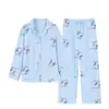 Pijama de Gaze de Algodão com Nuvem Feminino Manga Longa Primavera e Outono Conjunto Cruzado Ins Roupas para Casa tamanho plus size Primavera Desenho Animado Fofo