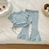 Conjunto Feminino Coreano com Cordão e Manga Curta, Novo Outono/Primavera, Calça Flare Lisa, Conjunto de Duas Peças Estiloso para Moda Infantil