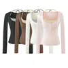 Camiseta de manga larga con cuello en U estilo perezoso, top corto de tirantes para mujer con sujetador incorporado, conjunto casual