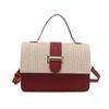 Bolso de Paja Tejida Nuevo con Cierre de Cordón y Tapa abatible Costuras de Color Contrastante Simple y Dulce Bolso Pequeño Cuadrado con Cadena Fragante para Colgar al Hombro