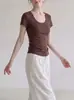 Blusa Casual Branca de Manga Curta com Gola U para Mulheres, Slim Fit, Simples, Verão 2026