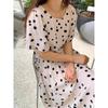 Corea del Sur Chic Verano Retro Reductor de Edad Cuello Redondo Suelto Casual Costuras Plisado Contraste Lunares Vestido de Manga Corta Mujer