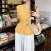 Camisa sin mangas con cordones para ceñir la cintura para mujer, Nuevo estilo coreano Verano 2026, Elegante, Ajustada, Color liso, Top versátil, Moderno