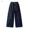 Pantalones de Ropa de Otoño para Niñas 2026 Estilo Nuevo Niños Medianos y Grandes Costura de Contraste Ropa de Trabajo Jeans de Mezclilla Color Sólido Pantalones de Pierna Ancha Pantalones de Pierna Recta Pantalones Largos