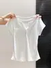 Camiseta blanca de manga corta con cuello en V, suave y sencilla, estilo francés para mujer, con cintura plisada para un ajuste favorecedor y adelgazante, modelo A13255