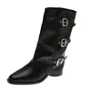 Nuevas Botas de Motocicleta Hebilla Retro Otoño/Invierno 2026 Botas de Tacón Grueso hasta la Pantorrilla para Mujer Botas de Caballero Adelgazantes Punta Fina Botas para Pantalón