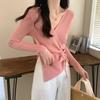 Otoño e Invierno Cuello en V Tejido Camiseta Base para Mujer para Uso Interior Otoño e Invierno Cintura Francesa Suéter Irregular Suéter de Manga Larga Top