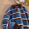 Suéter de punto con cuello polo y media cremallera a rayas retro japonés para hombre y mujer, estilo perezoso holgado de invierno, top de diseño de nicho