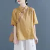 Top feminino estilo chinês, com estampas étnicas chinesas, bordados retrô, mistura de algodão e linho, design de puxar, gola alta e botões de nó chinês tradicionais, adequado para cerimônias de chá