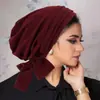 Amazon novo outono e inverno cor sólida camurça quatro barras cauda longa lenço de cabeça boné AliExpress boné de quimioterapia Chapéu feminino