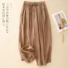 279 # Calça lanterna de algodão e linho de cor sólida artística para mulheres, primavera-verão, cintura elástica, cordão, modelagem solta, tamanhos grandes, calça casual cropped de perna larga