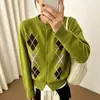 Suéter Cárdigan de Punto con Patrón de Diamantes Cuello Redondo para Mujer 2026 Otoño Invierno Nuevo Diseño Sentido Adelgazante Suave y Pegajoso Chaqueta Top de Punto