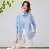 Camisa de Manga Larga con Cuello, Rayas y Bloques de Color 100% Algodón para Mujer, Nuevo Estilo Primavera 2026, Corte Holgado Simple, Elegante Top para el Trabajo