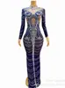 Vestido Largo Azul para Celebración de Cumpleaños, Cristal Plateado, Vestido de Noche, Ropa para Club, Malla Transparente,