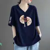 E-commerce Transfronteiriço Nova Camiseta de Manga Curta Estilo Chinês Feminina Solta Tamanho Plus Size Meninas Cheinhas Top para Cobrir a Barriga Escondendo Defeitos Emagrecedor Manga Meia Tendência