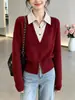 Elegante Suéter de Punto Patchwork Falso de Dos Piezas con Mangas Largas para Mujer, Nueva Moda Otoño/Invierno 2026 Elegante Suéter Básico con Cuello de Solapa