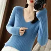 Top de punto con cuello en V 2025 Camisa básica Nueva prenda de punto de punto Suéter Invierno Primavera Otoño Ropa de punto para mujer Rayas Mangas largas Estilo ajustado Delgado