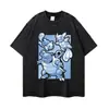 Camiseta Pesada Estampado de Dibujos Animados Negro Textura Lavada Vintage Bidimensional Casual Versátil Manga Corta Pullover Cuello Redondo Manga Corta