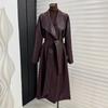 Fuente de Guangzhou Chaqueta de Cuero Larga Estilo Francés con Solapa Grande para Mujer Chaqueta Cintura de Mujer Cortavientos Hasta la Rodilla