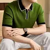 Camisa Polo de Lyocell de Verano Estilo Old Money para Hombre, Camisa de Punto de Manga Corta, Top Casual Versátil Transpirable de Contraste de Color