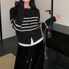 Tricô de Manga Longa com Listras Azul Marinho para Mulheres 2025 Outono e Inverno Novo Cardigan Top de Tricô Casual Soltinho e Ajustado