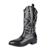 Botas de mezclilla transfronterizas europeas y americanas con costuras visibles, conjuntos bordados elegantes, botas de tacón grueso para mujer, venta al por mayor de tallas grandes de punta estilo extranjero