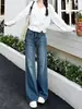 Jeans estilo retrô, de corte justo e perna larga com adornos de strass para mulheres, nova coleção outono/inverno 2026, apresentando um design de cintura alta e um corte reto, comprido até o chão.